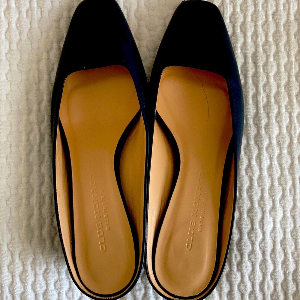 Navy blue mule shoes.